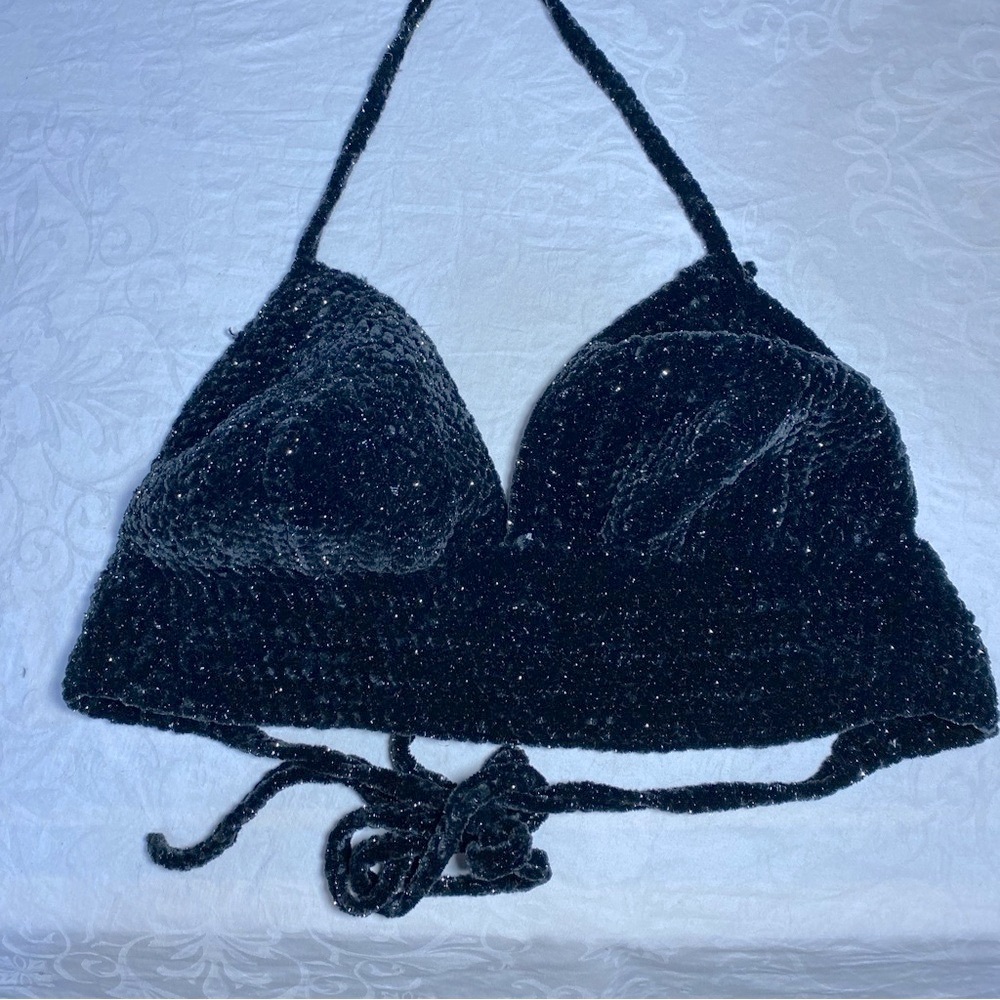 Hand Knit Thick Halter Top Triangle Bralette Velvet Yarn Crochet Crop Top L/XL